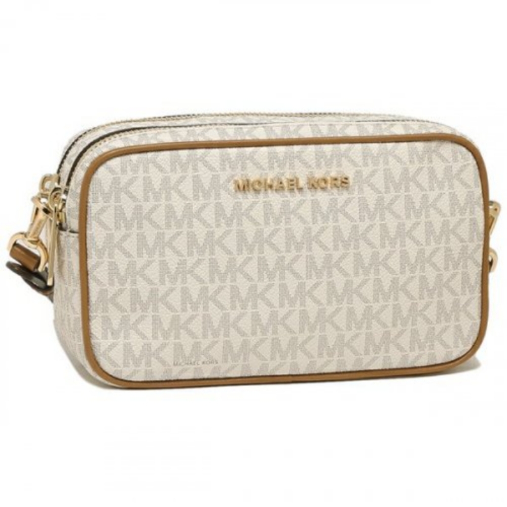 Michael Kors, NWOT, Monogram, Jet Set, Camera Crossbody Bag, Color Tan, White